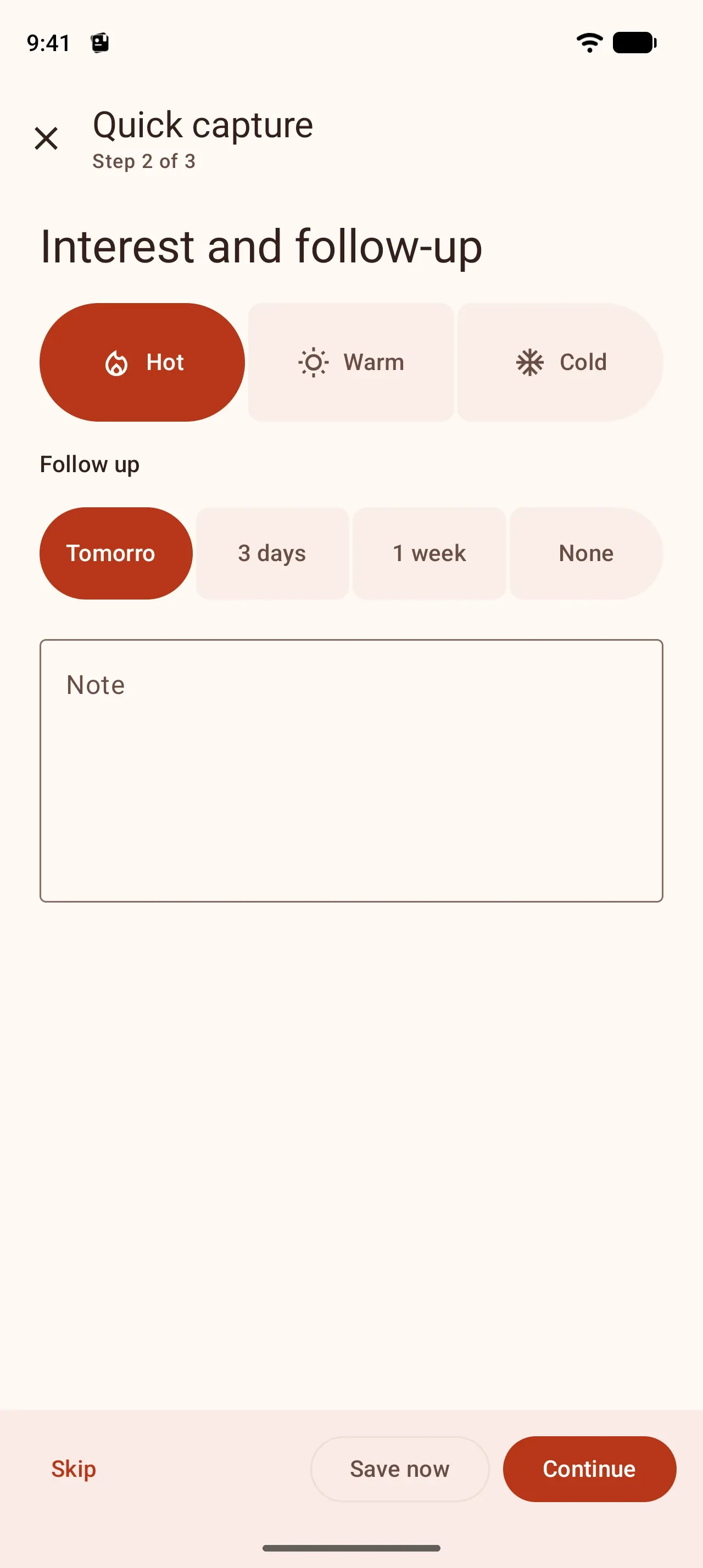 Quick capture, step 2 of 3, Interest and follow-up: Hot and Tomorrow selected, a note field below
