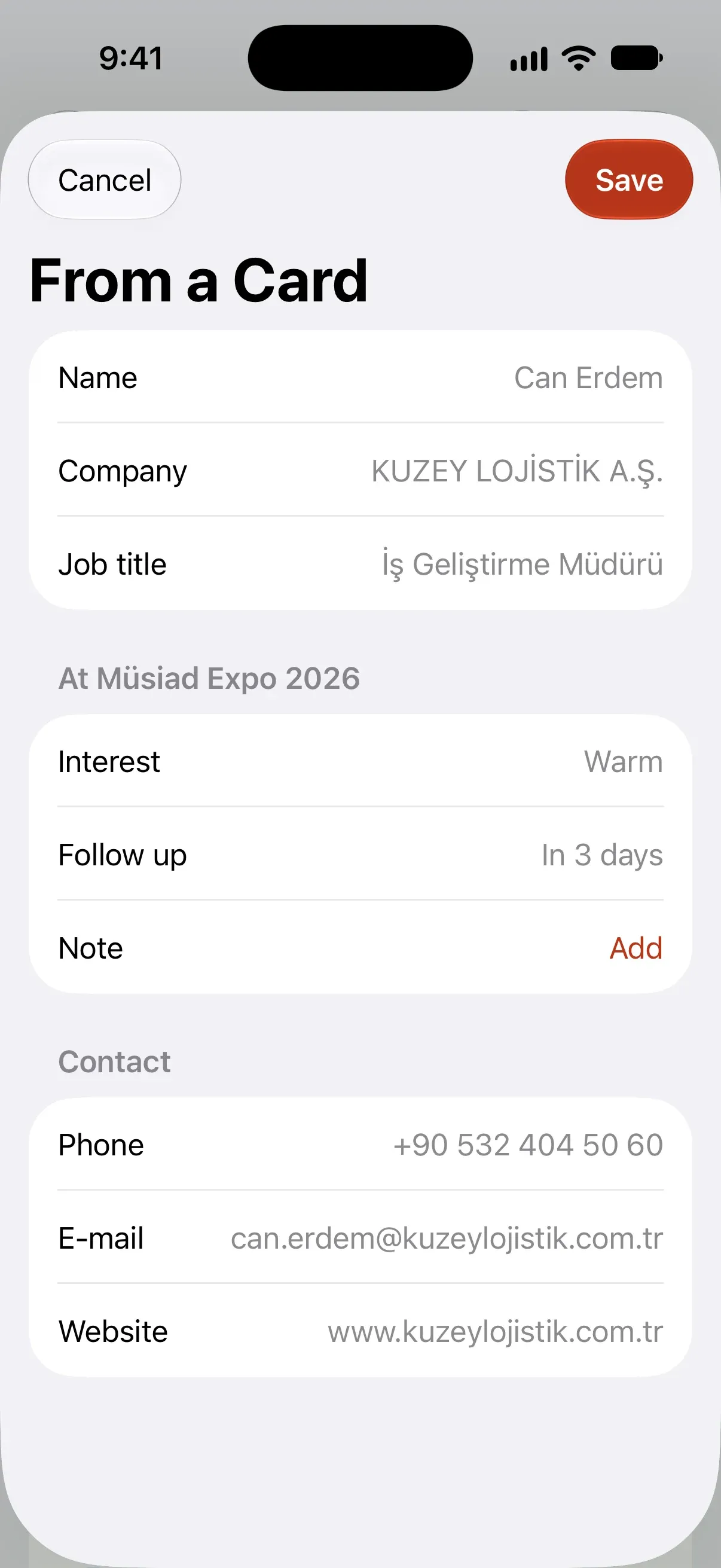 Capture from a business card on iPhone: Can Erdem, KUZEY LOJİSTİK A.Ş., business development manager; interest Warm, follow-up in 3 days at Müsiad Expo 2026; phone, e-mail and website