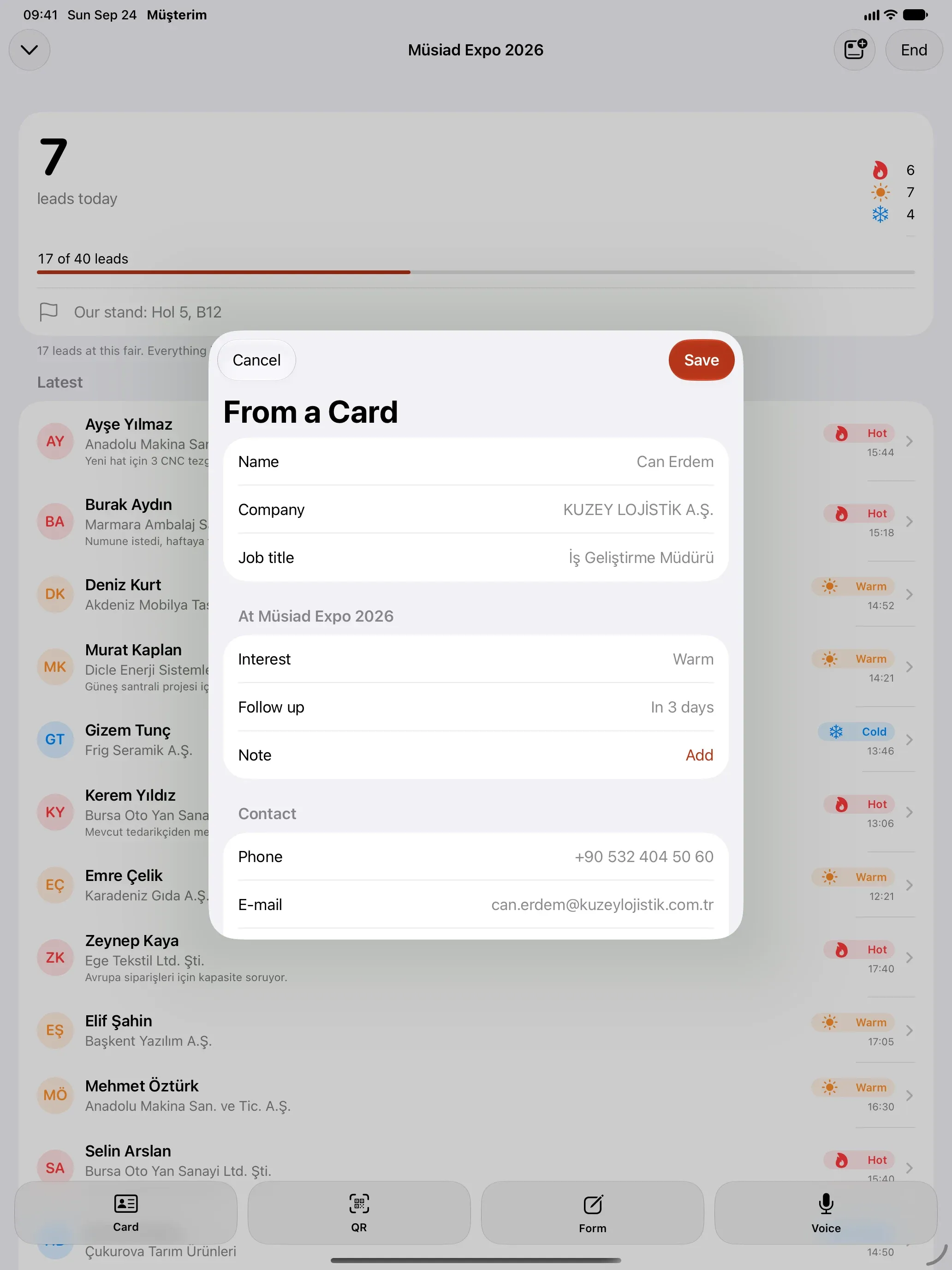 Capture from a business card over Fair Mode on iPad: Can Erdem, KUZEY LOJİSTİK A.Ş., business development manager