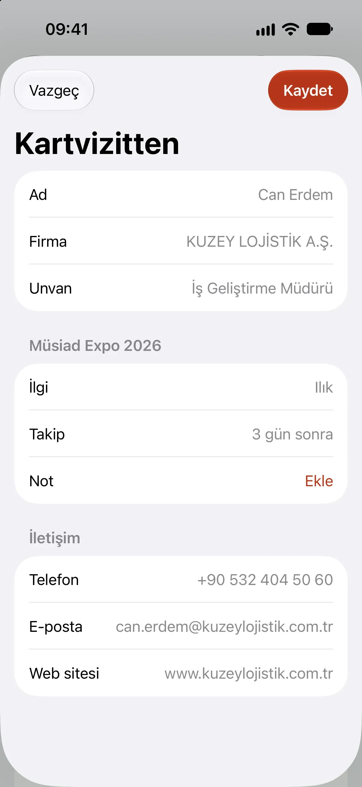 iPhone’da kartvizitten kayıt: Can Erdem, KUZEY LOJİSTİK A.Ş., İş Geliştirme Müdürü; Müsiad Expo 2026 için ilgi Ilık, takip 3 gün sonra; telefon, e-posta ve web sitesi