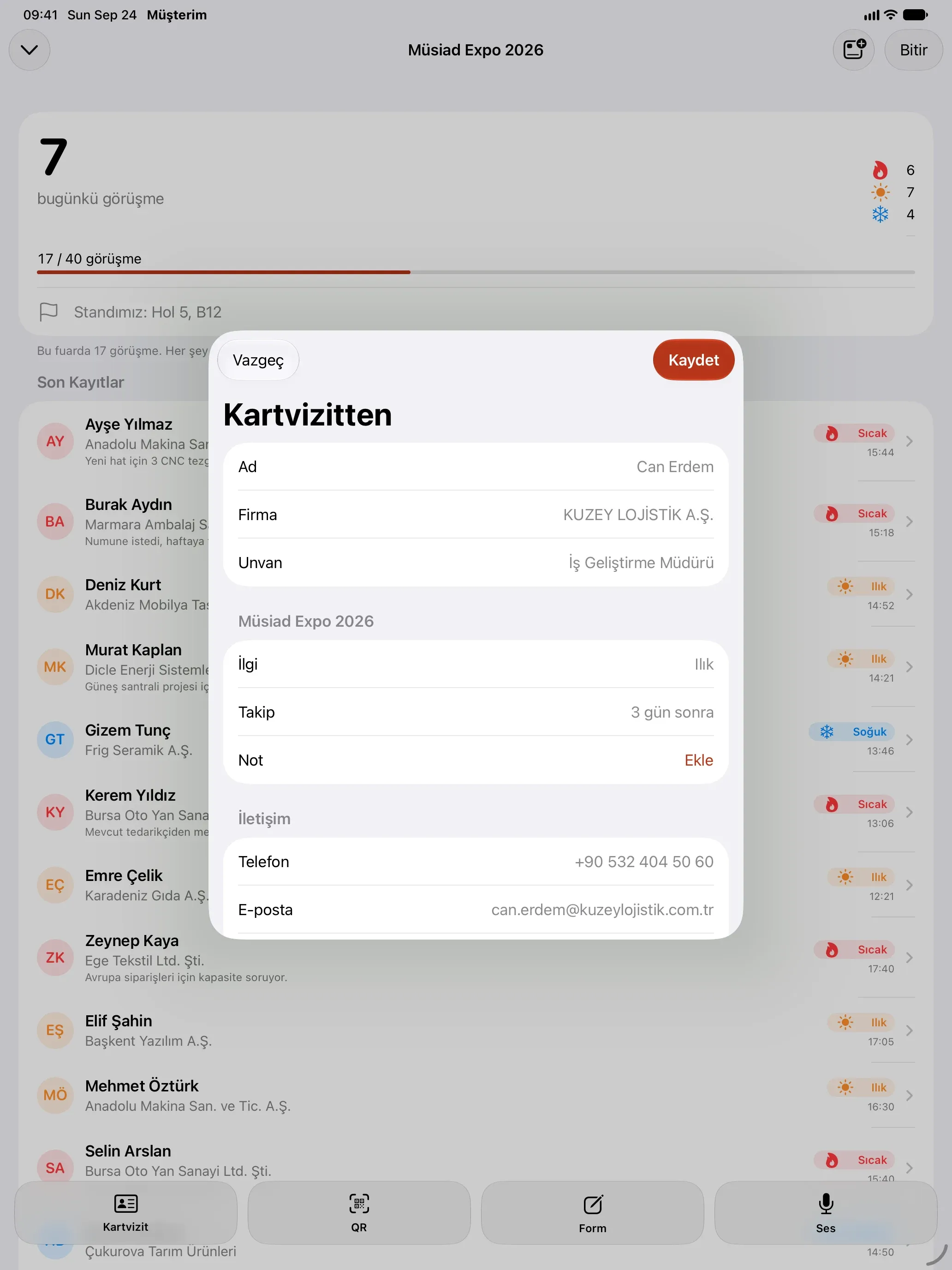 iPad’de Fuar Modu’nun üstünde kartvizitten kayıt: Can Erdem, KUZEY LOJİSTİK A.Ş., İş Geliştirme Müdürü