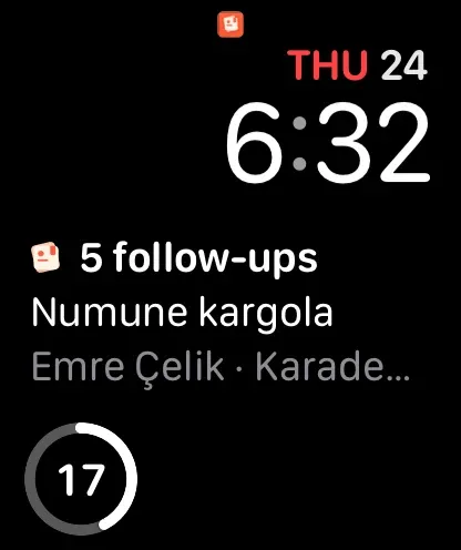 Musteri complications on an Apple Watch face: 5 follow-ups, the next one Numune kargola, and a goal ring at 17