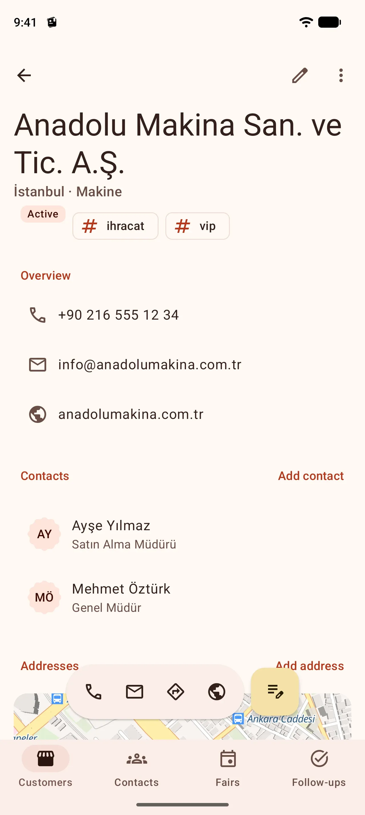 Customer detail: Anadolu Makina San. ve Tic. A.Ş., İstanbul, Makine; phone, e-mail, website and contacts Ayşe Yılmaz, Mehmet Öztürk