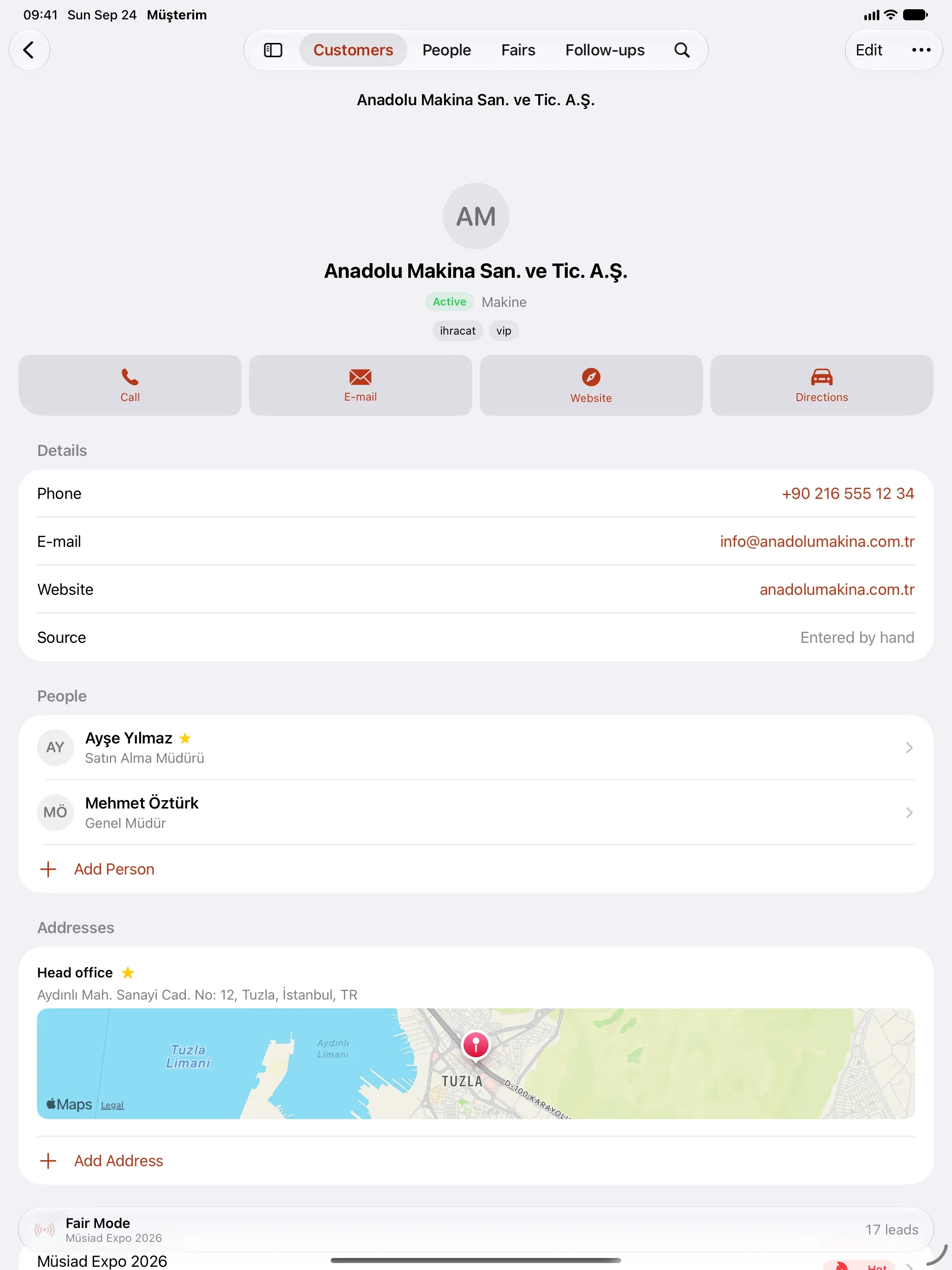 Customer detail on iPad: Anadolu Makina San. ve Tic. A.Ş. with contact details, people and an address map