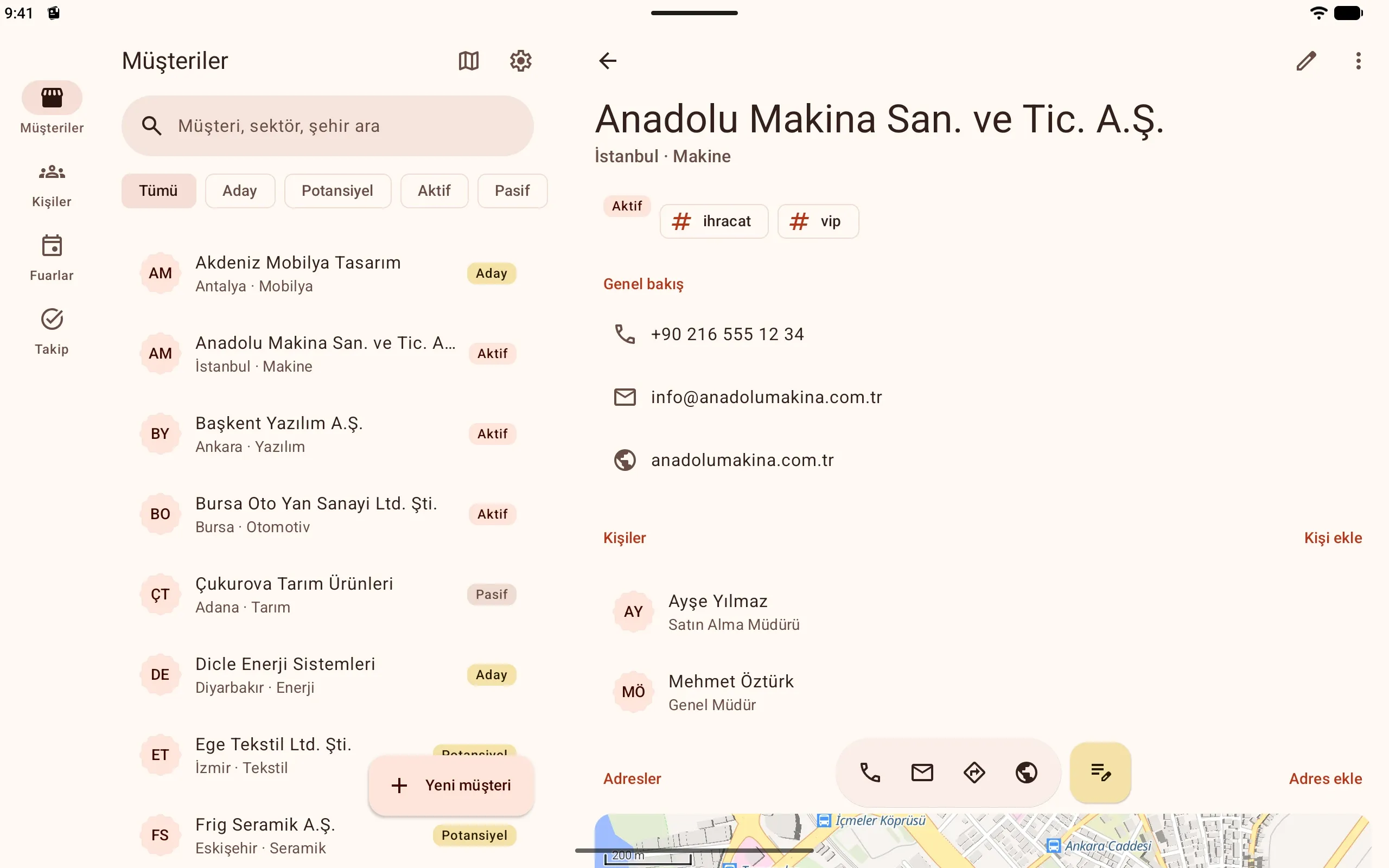 Android tablette solda müşteri listesi, sağda Anadolu Makina San. ve Tic. A.Ş. ayrıntısı