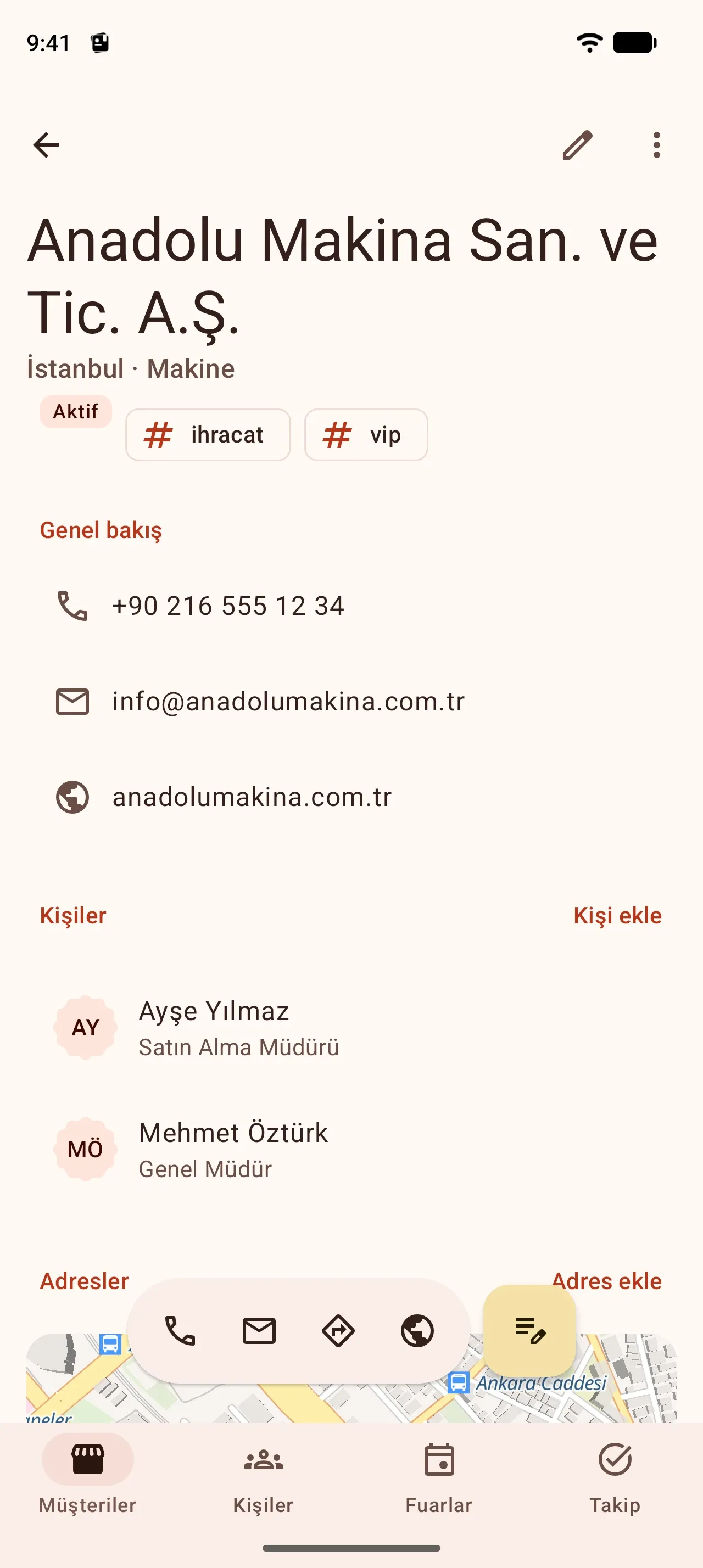 Müşteri ayrıntısı: Anadolu Makina San. ve Tic. A.Ş., İstanbul, Makine; telefon, e-posta, web sitesi ve kişiler Ayşe Yılmaz, Mehmet Öztürk