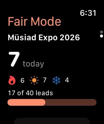 Fair Mode on Apple Watch: Müsiad Expo 2026, 7 today; 6 hot, 7 warm, 4 cold; 17 of 40 leads