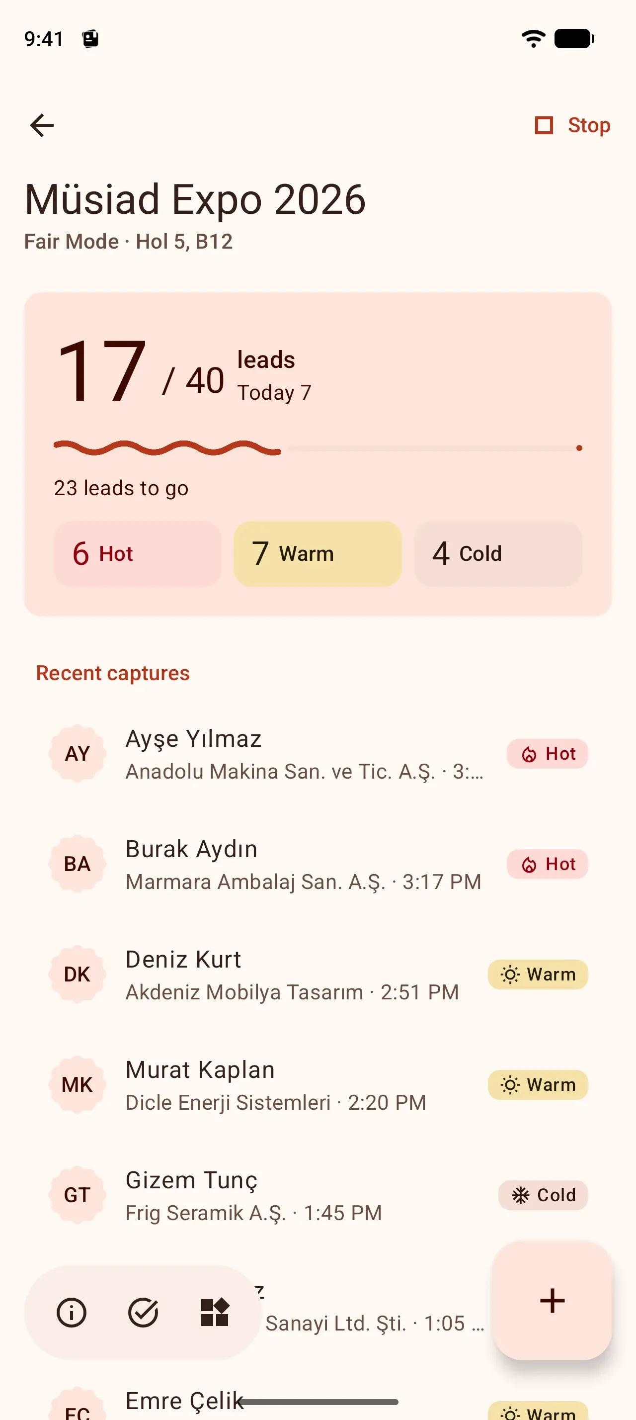 Fair Mode on Android: Müsiad Expo 2026, 7 today, 17 of 40 leads; 6 hot, 7 warm, 4 cold and the recent captures