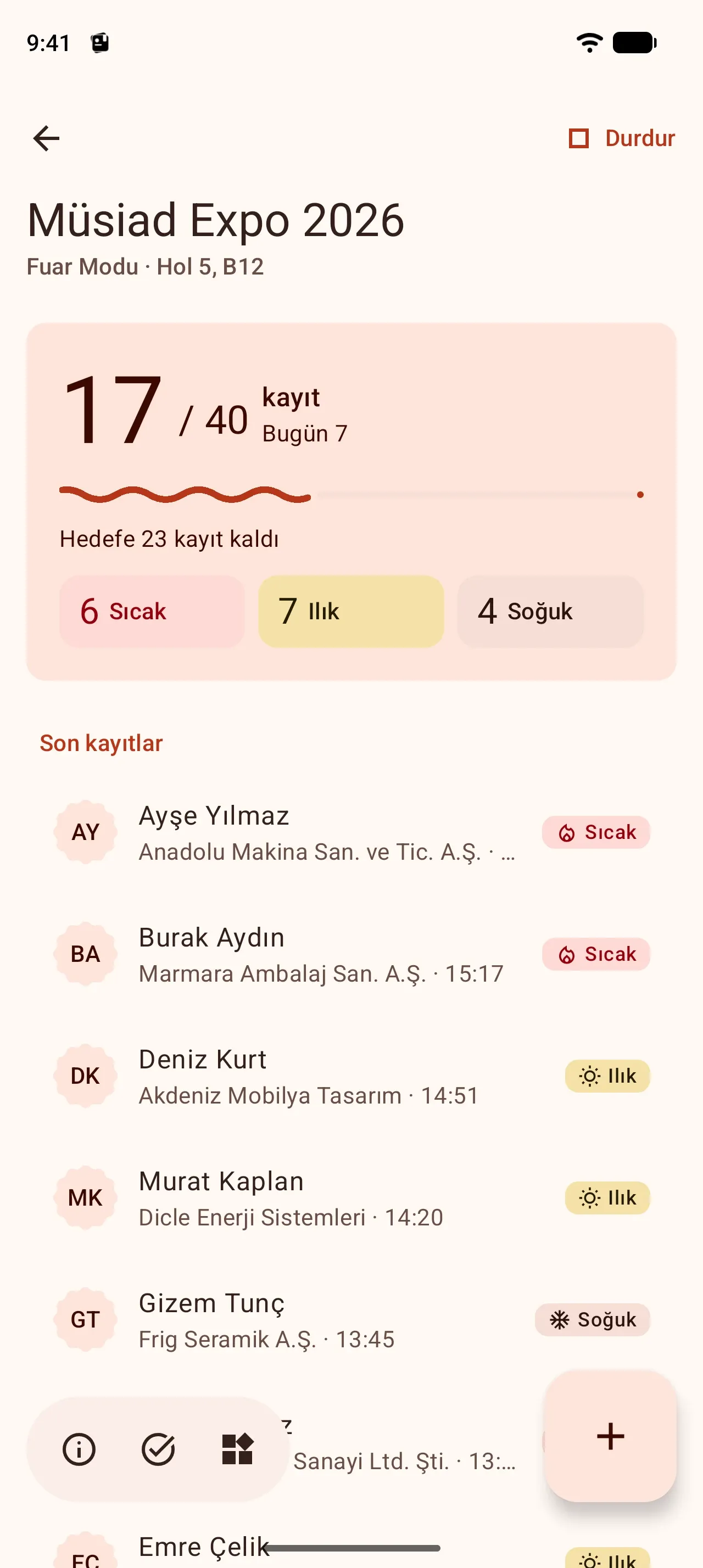 Android’de Fuar Modu: Müsiad Expo 2026, bugün 7, toplam 17 / 40 kayıt; 6 sıcak, 7 ılık, 4 soğuk ve son kayıtlar