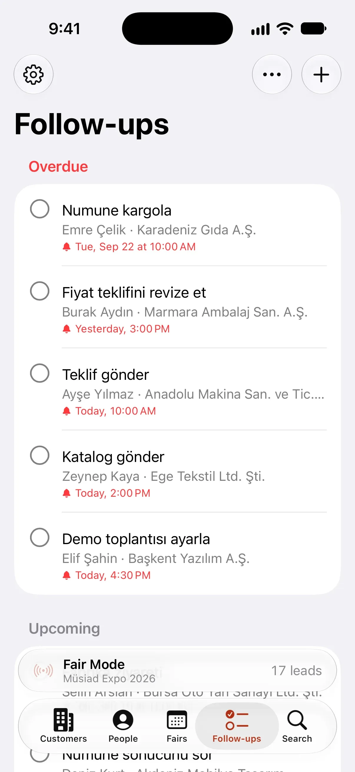 Follow-ups on iPhone: overdue Numune kargola and Fiyat teklifini revize et; today Teklif gönder, Katalog gönder, Demo toplantısı ayarla