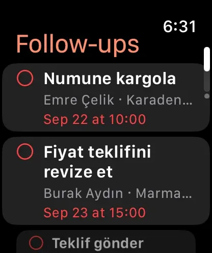 Follow-ups on Apple Watch: Numune kargola, Fiyat teklifini revize et, Teklif gönder