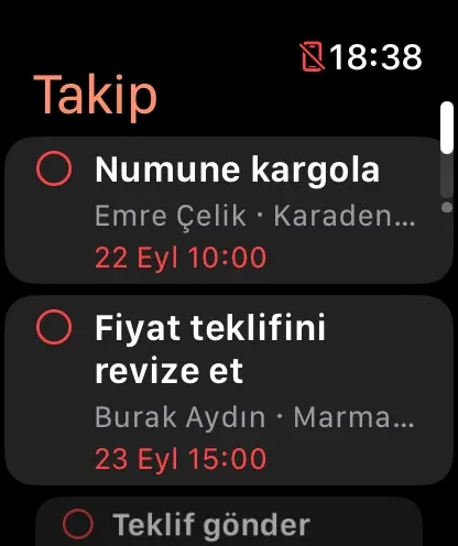Apple Watch’ta Takip: Numune kargola, Fiyat teklifini revize et, Teklif gönder