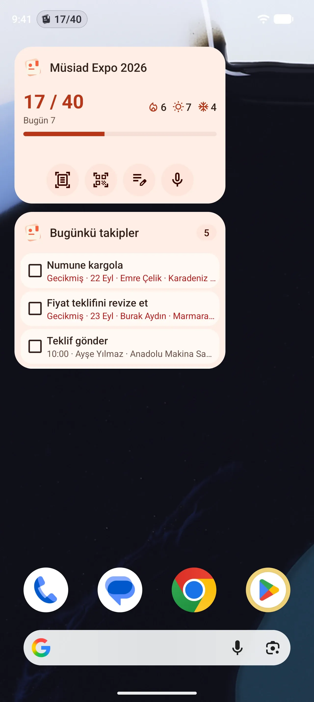Android ana ekranında Fuar Modu widget’ı (Müsiad Expo 2026, 17 / 40, kayıt düğmeleri) ve Bugünkü takipler widget’ı