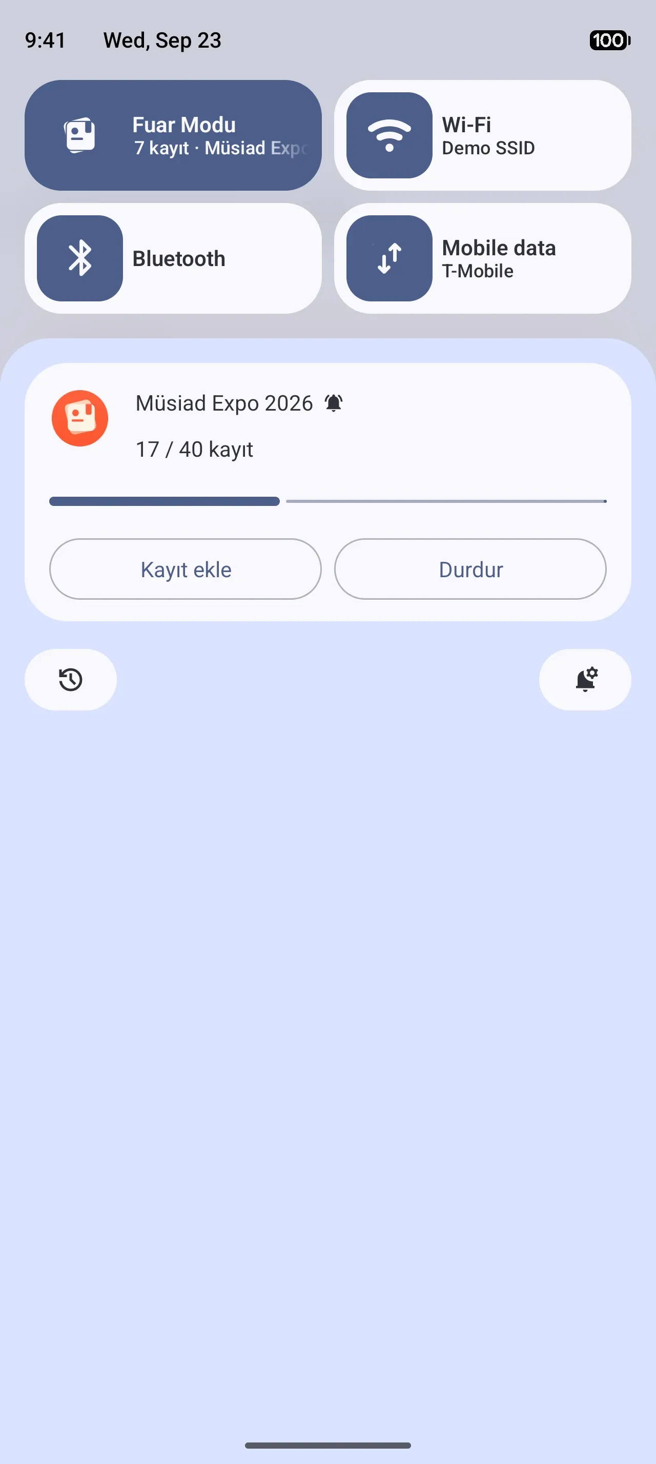 Android bildirim panelinde Fuar Modu canlı güncellemesi: Müsiad Expo 2026, 17 / 40 kayıt, Kayıt ekle ve Durdur; üstte Fuar Modu Hızlı Ayarlar kutucuğu